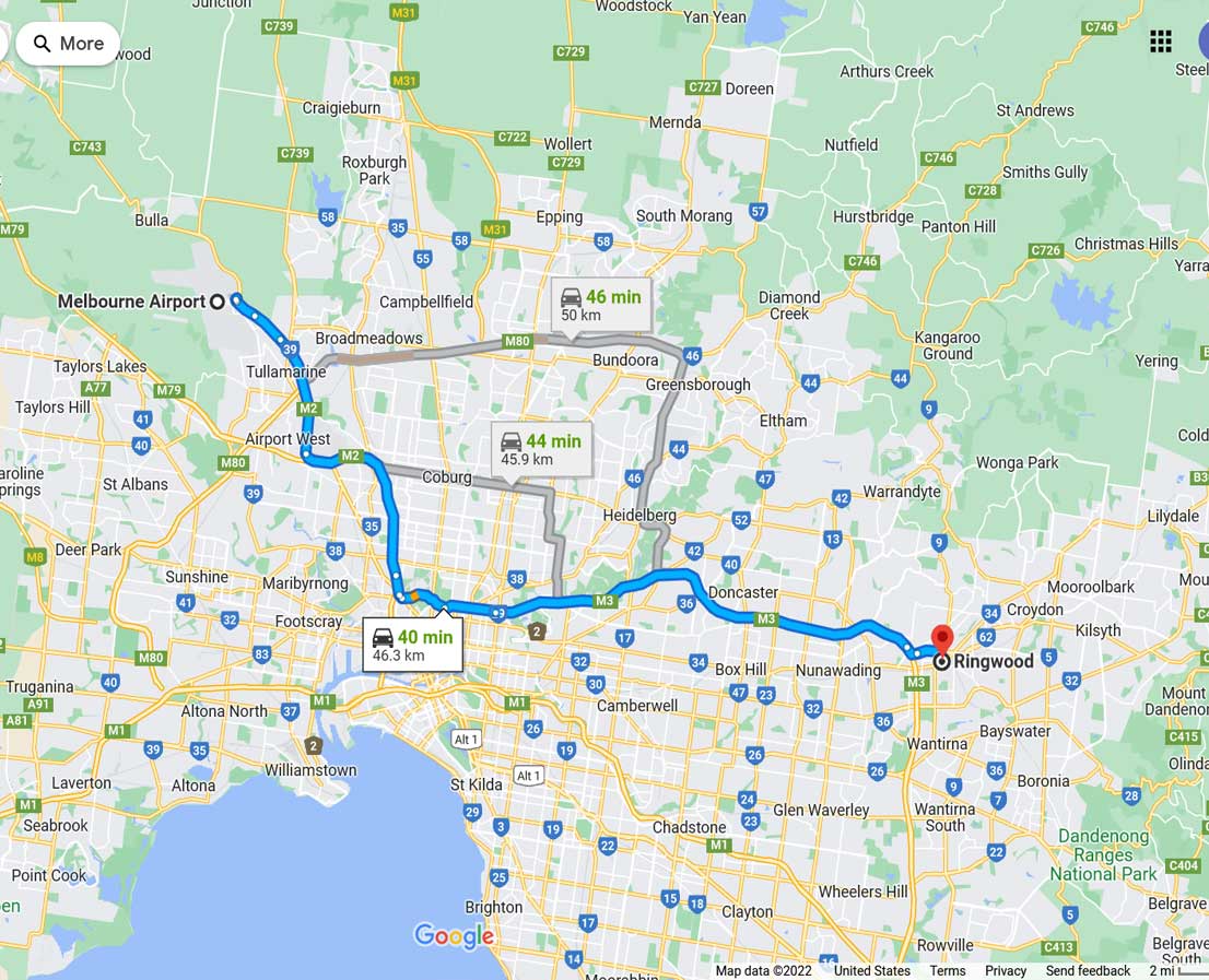 Melbourne Airport to Ringwood  map
