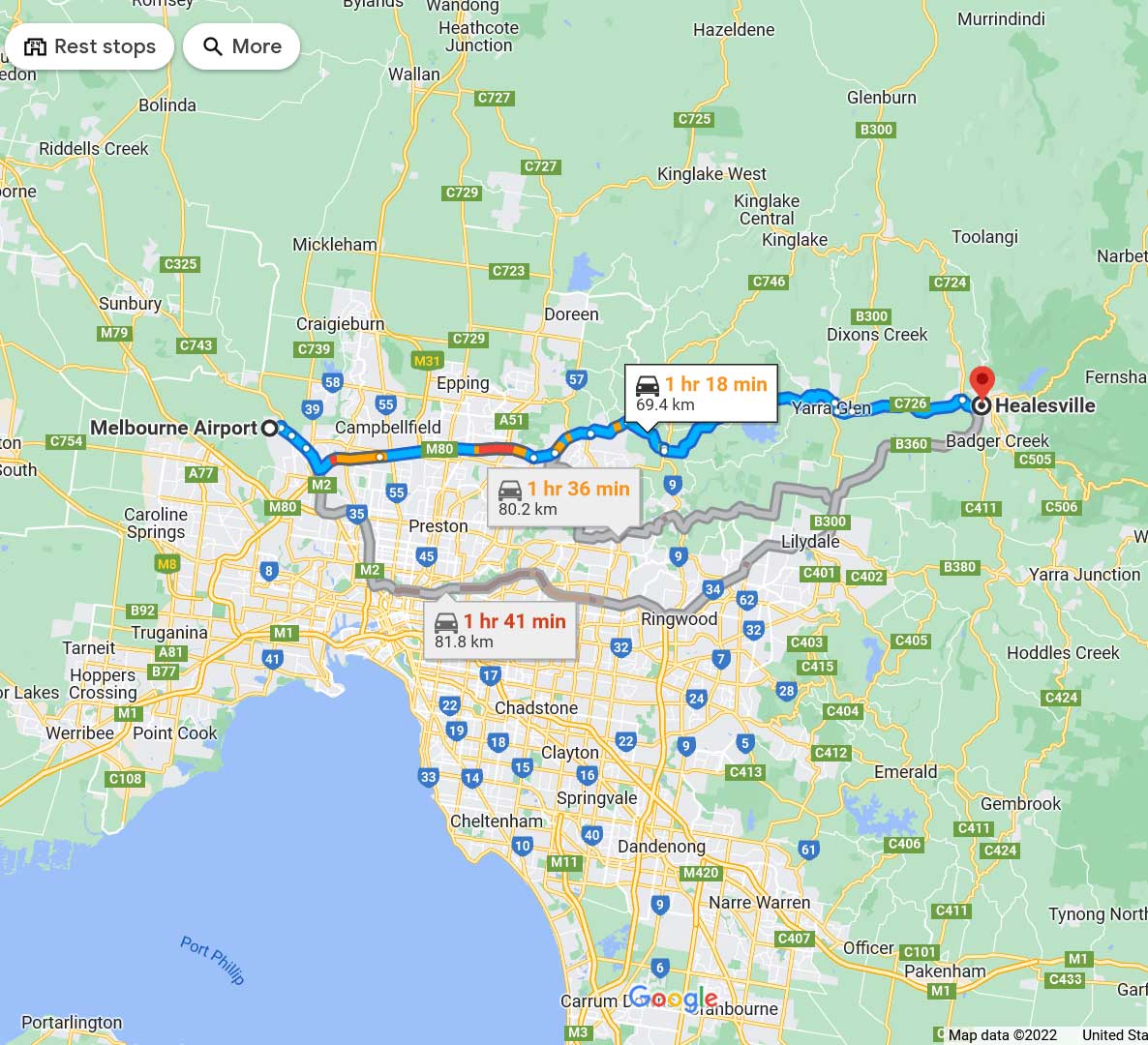 Melbourne Airport to Healesville Map