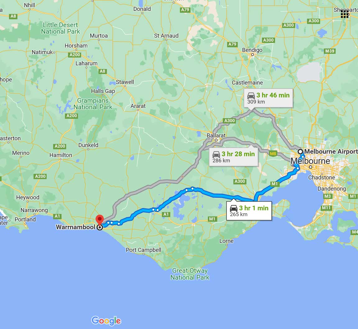 Map Melbourne airport to Warrnambool